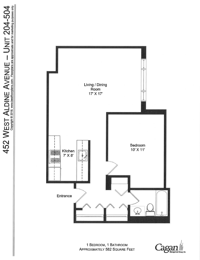 Floor plan for 1 bed, 1 bath, 632 sqft